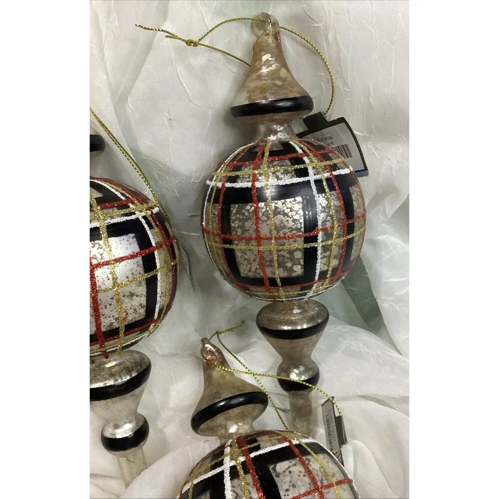 Mercury Glass Finial Christmas Plaid Ornaments X5 Black, Red, Gold & Silver 9